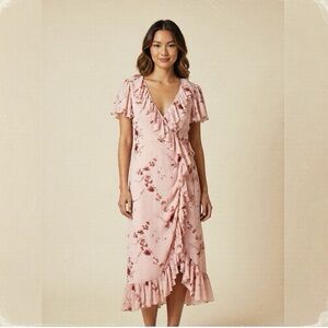 Cinq A Sept Fleur Sheila Ruffle Wrap Midi Dress In Pale Rose Multi Size 6